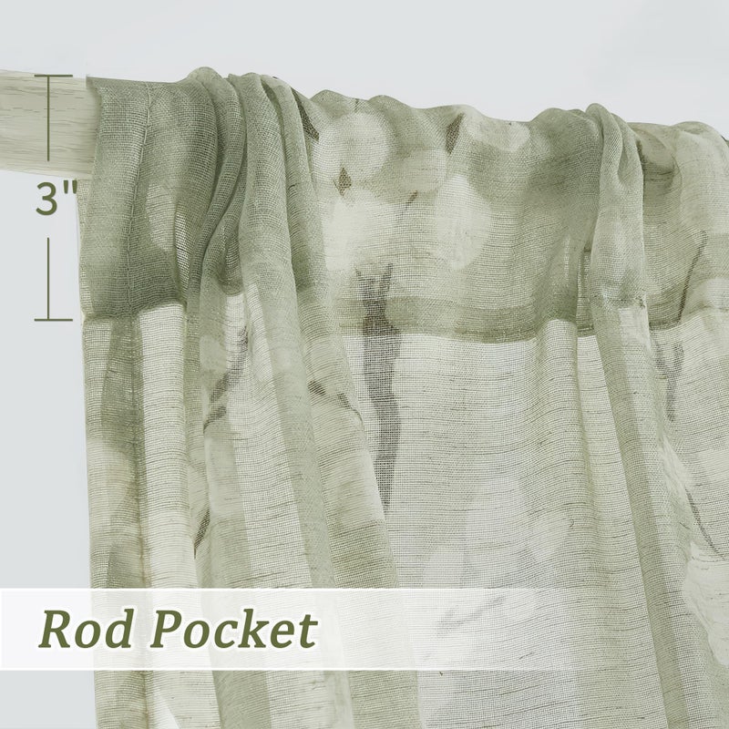 FMFUNCTEX Linen Sheer Curtains for Bedroom, Sage Green Blossom Print Curtains 84 Inches Long for Living Room,Floral Patterned Farmhouse Curtain Light Filtering Window Drapes 2 Panels, Rod Pocket - Image 5